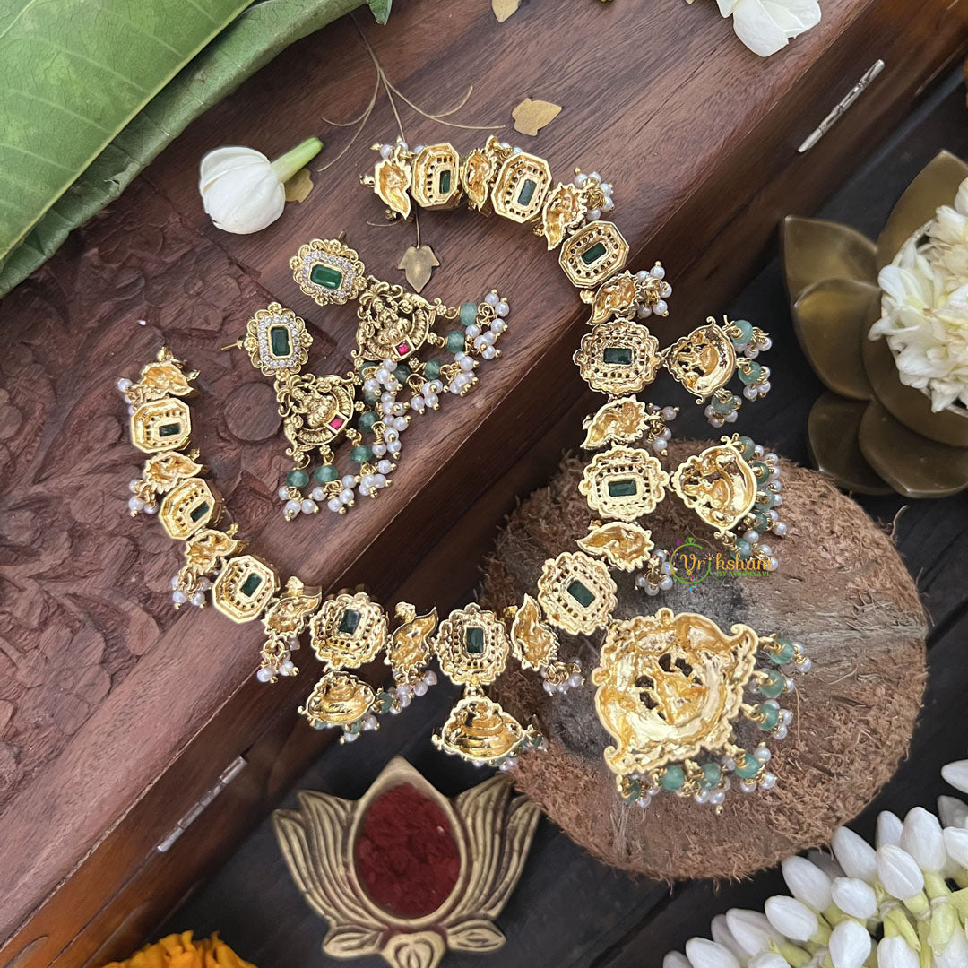 Vriksham Bridal Green Shade Lakshmi Style Kundan Jadau Short Choker-Pearl-J3388