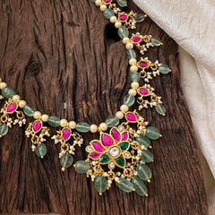 Premium Jadau Kundan Lotus Pendant Neckpiece -Beads and Pearls- J2059