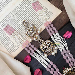Layered Beaded Light Pink Victorian Diamond Short Neckpiece-Narthana Krishna-VV1216