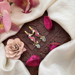 Vriksham Elegant Peacock Kundan Jadau Press Bugadi-Red White-Aqua Green Bead-J3769