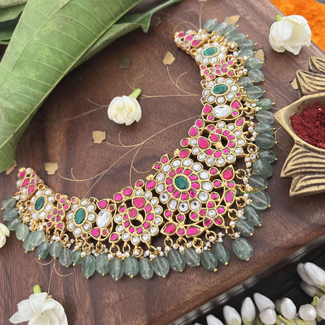 Vriksham Designer Floral Choker Style Pendant Kundan Jadau Neckpiece-Green-Aqua Green Bead-J3394