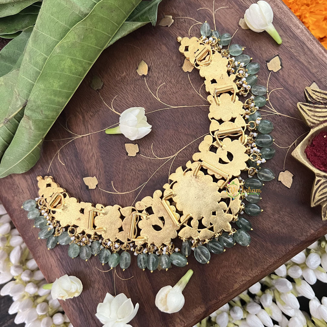 Vriksham Designer Floral Choker Style Pendant Kundan Jadau Neckpiece-Green-Aqua Green Bead-J3394