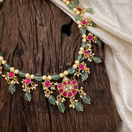 Premium Jadau Kundan Pendant Neckpiece -Beads and Pearls- J2061