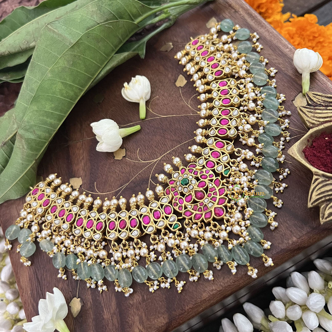Vriksham Designer Choker Style Kundan Jadau Short Neckpiece-Aqua Green Bead-J3384