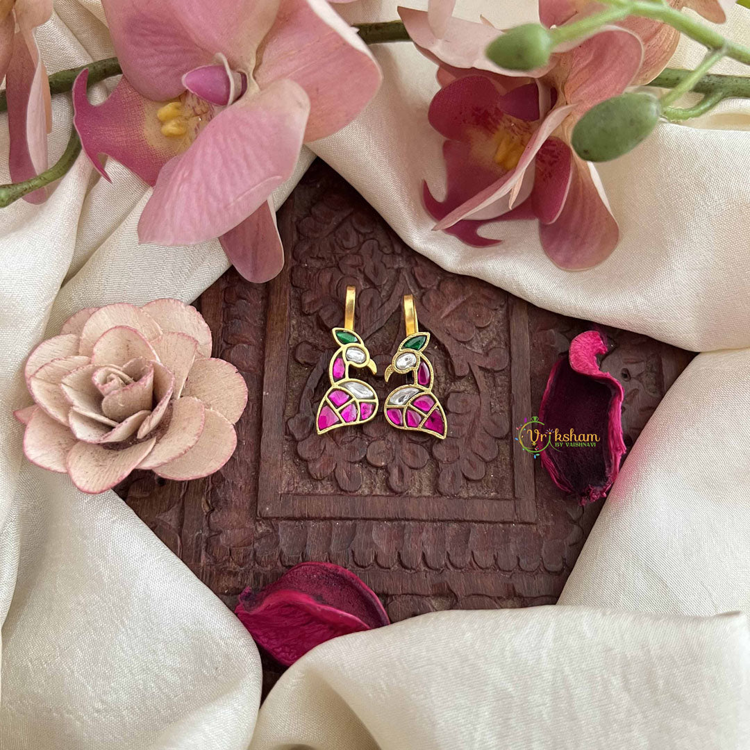 Vriksham Designer Peacock Shape Kundan Jadau Press Bugadi-Red White & Green-J3771