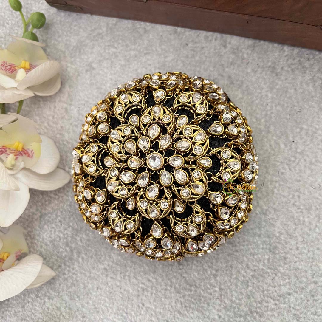 Vriksham Half Moon Style Floral Gold Stone Work Hair Bun Net With Hair Bun Cage Accessory-H1269