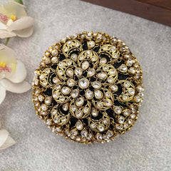 Vriksham Half Moon Style Floral Gold Stone Work Hair Bun Net With Hair Bun Cage Accessory-H1269