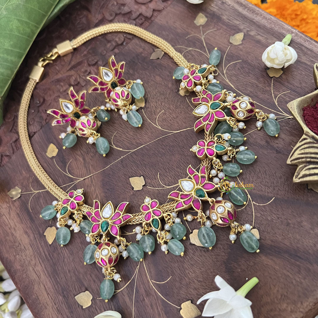 Vriksham Lotus Style Kundan Jadau Neckpiece-Green Aqua Bead-Pearl-J3376