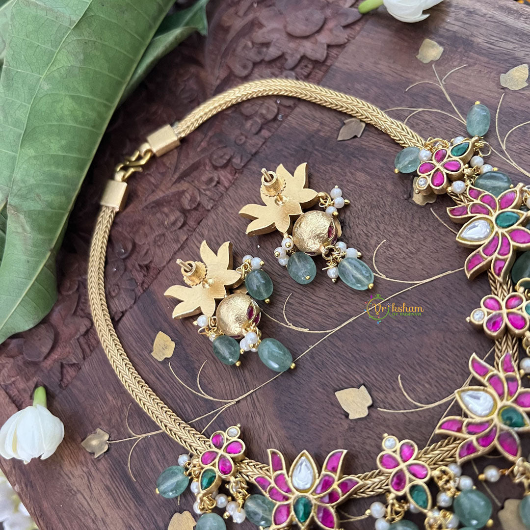 Vriksham Lotus Style Kundan Jadau Neckpiece-Green Aqua Bead-Pearl-J3376