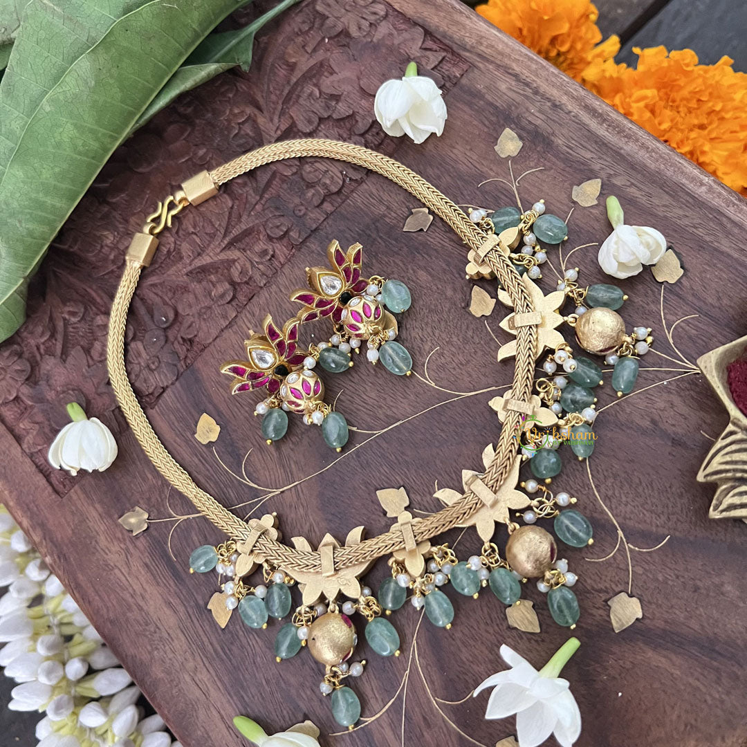 Vriksham Lotus Style Kundan Jadau Neckpiece-Green Aqua Bead-Pearl-J3376