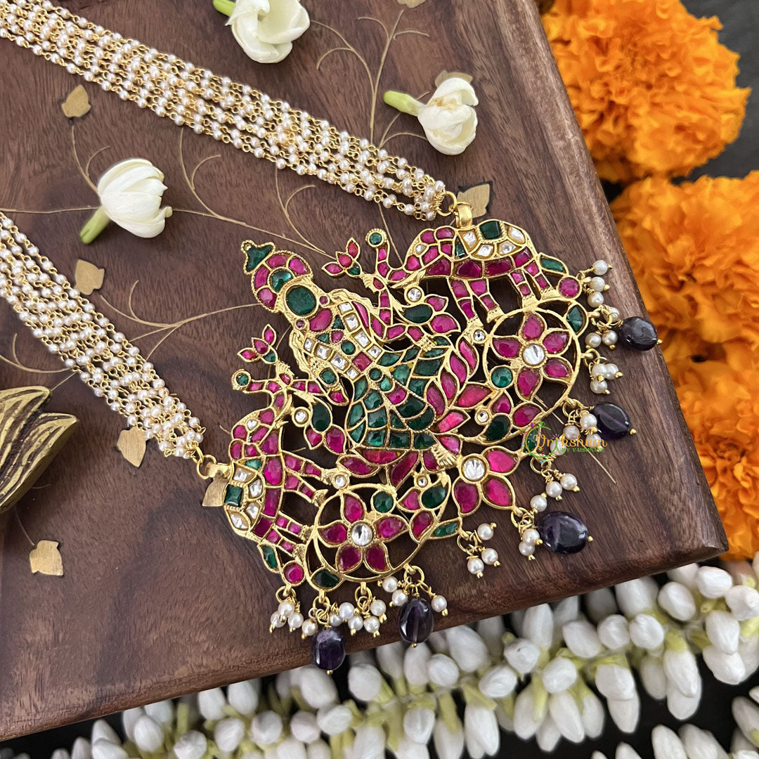 Vriksham Gaja Lakshmi Pendant 8 Layer Pearl Beaded Maala neckpiece-Purple Bead-J3364