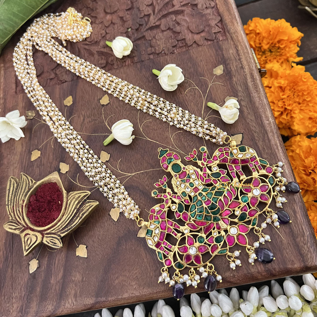 Vriksham Gaja Lakshmi Pendant 8 Layer Pearl Beaded Maala neckpiece-Purple Bead-J3364