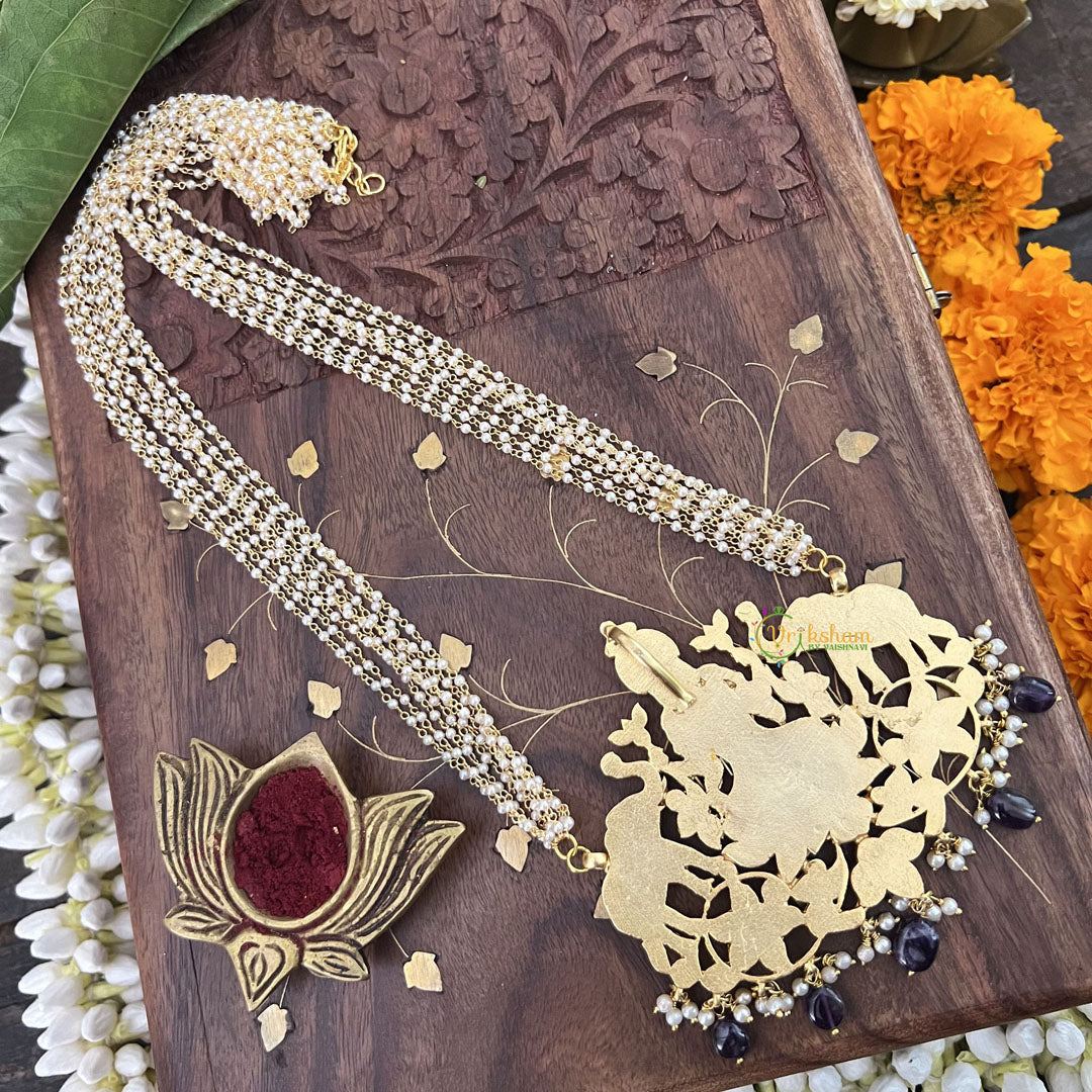 Vriksham Gaja Lakshmi Pendant 8 Layer Pearl Beaded Maala neckpiece-Purple Bead-J3364