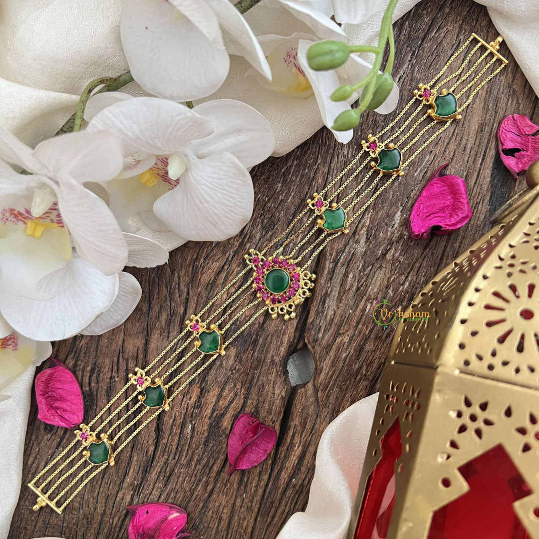 Vriksham Traditional Gold Plated  Kerala Palakka Green & Pink Stone Short Neckpiece-G19897