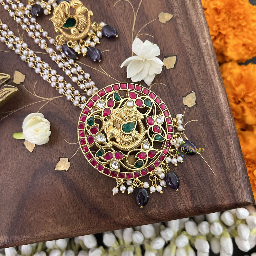 Vriksham Peacock Pendant Kundan Jadau Beaded Mala-Purple Beads-J3434