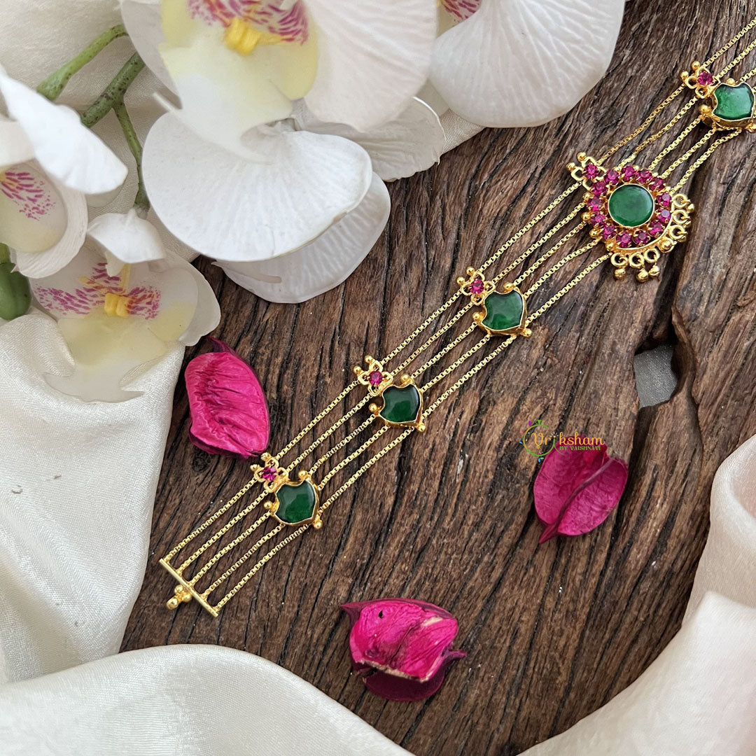 Vriksham Traditional Gold Plated  Kerala Palakka Green & Pink Stone Short Neckpiece-G19897