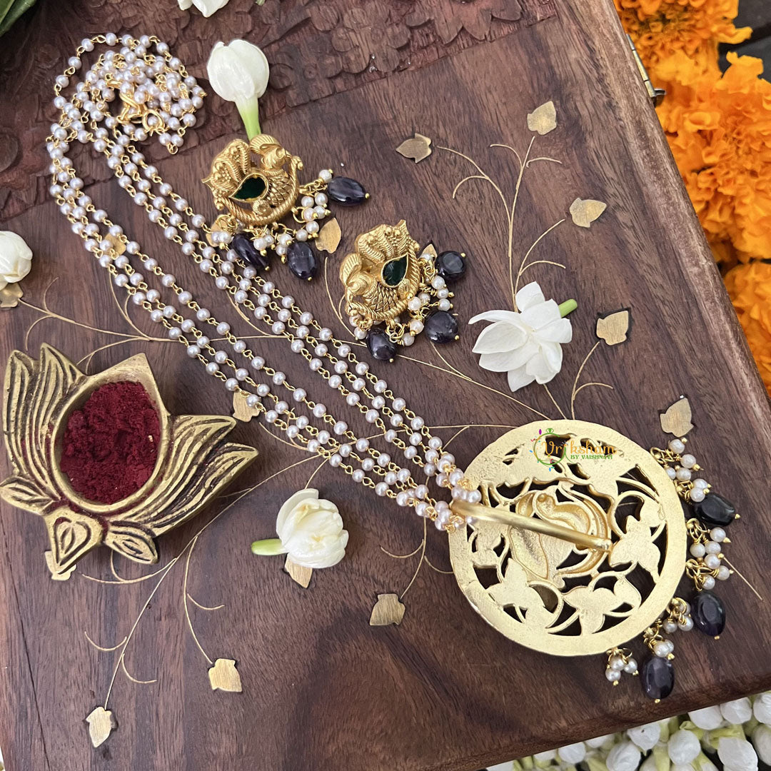 Vriksham Peacock Pendant Kundan Jadau Beaded Mala-Purple Beads-J3434