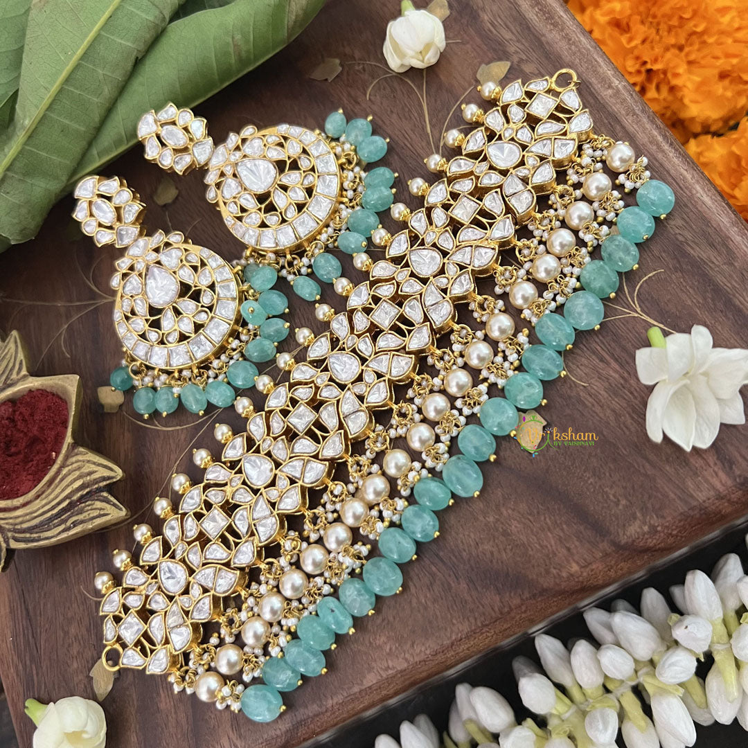 Vriksham Designer White kundan Jadau Choker-Aqua Blue Bead-Pearl-J3337
