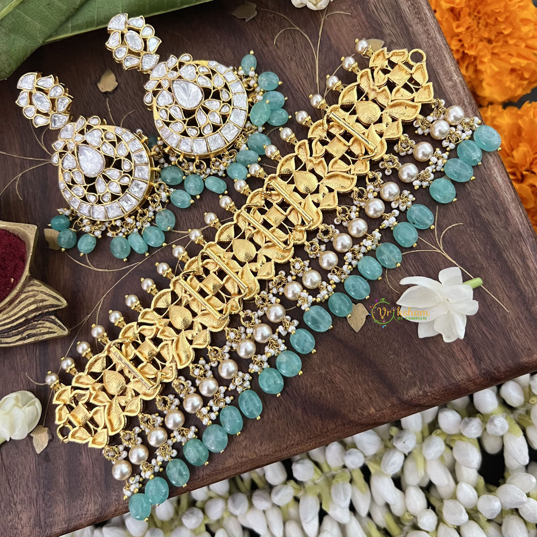 Vriksham Designer White kundan Jadau Choker-Aqua Blue Bead-Pearl-J3337