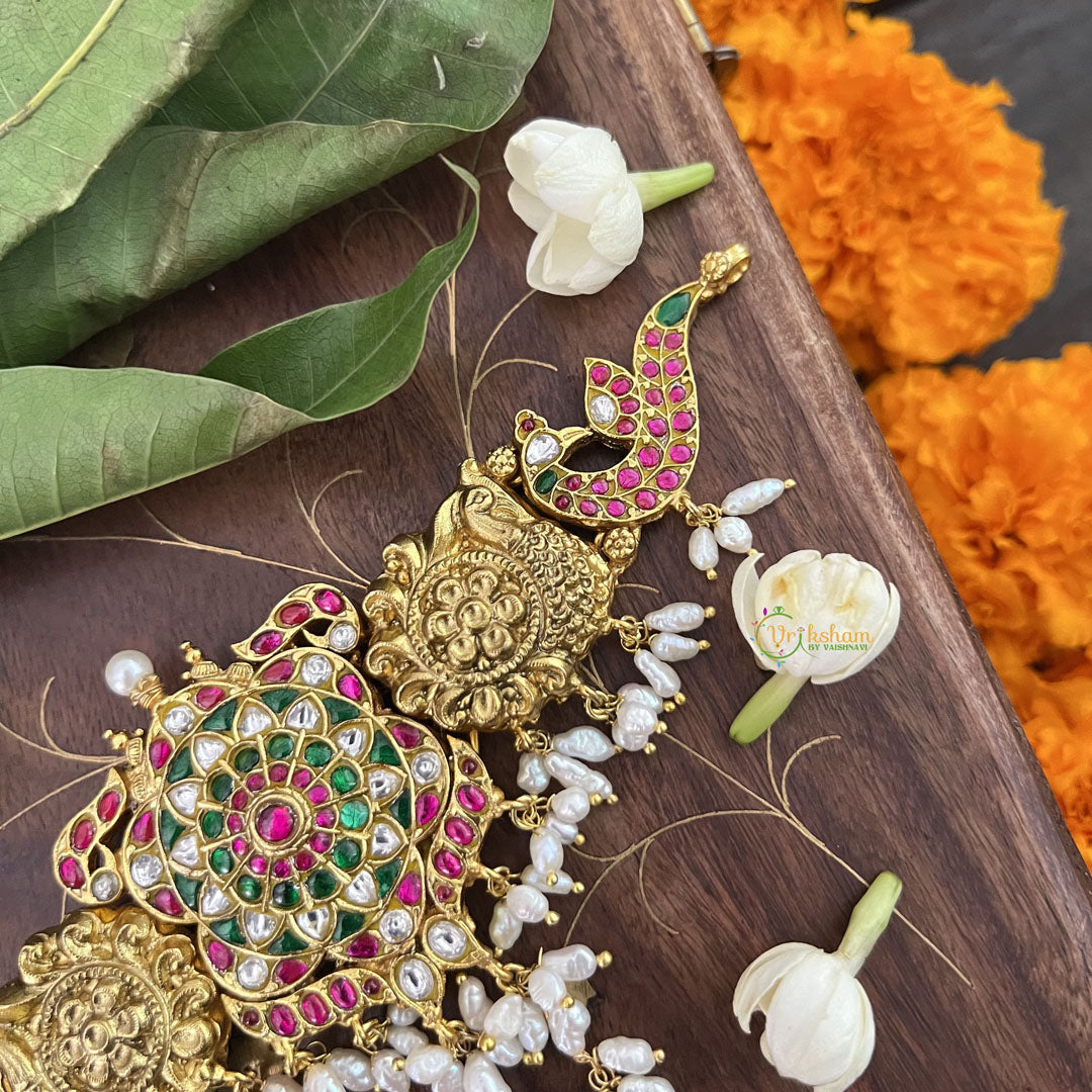 Vriksham Designer Peacock Style Kundan Jadau Short Choker-Rice Pearl-J3386