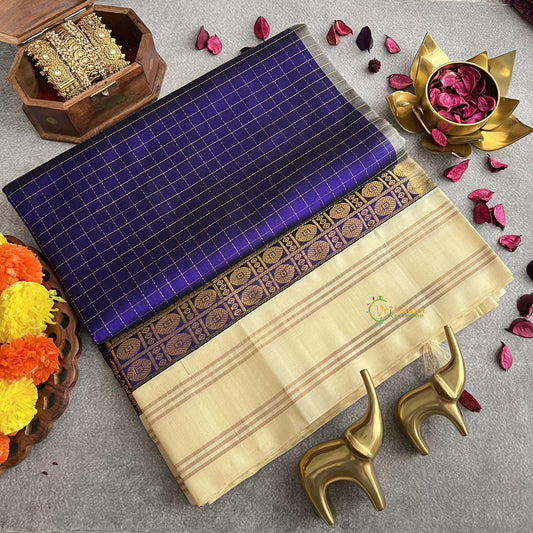 Ink blue with Off White Border Silk Cotton Saree-Handloom-Vairaoosi Podikattam-VS3368