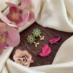 Vriksham Classic Sunflower Style Kundan Jadau Press Bugadi-Red Green-Pearls-J3779