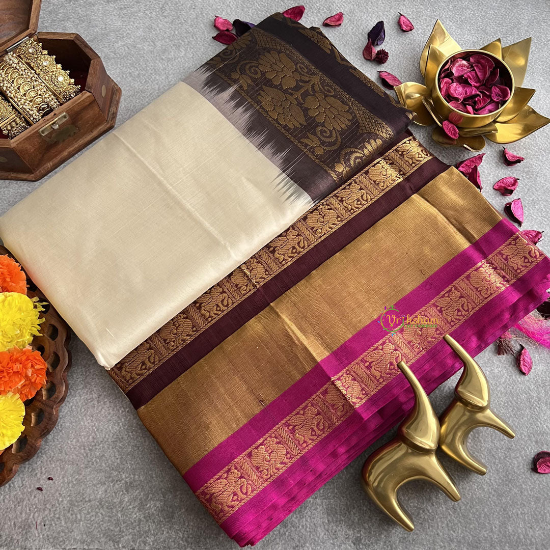 Off White with Ganga Jamuna Border Silk Cotton Saree-Handloom-VS4092