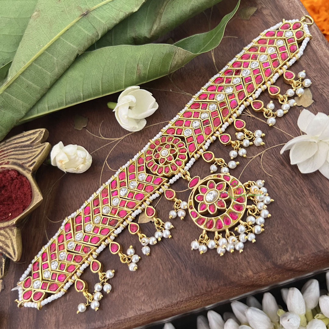Vriksham Designer Cross RedFloral Pendant Kundan Jadau Neckpiece-Pearl-J3373