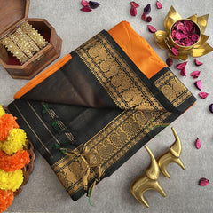 Orange with Black Border Silk Cotton Saree-Handloom-VS4091