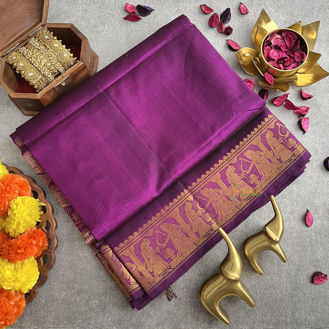 Violet with Sita Swayamvar Border Silk Cotton Saree-Handloom-VS4096