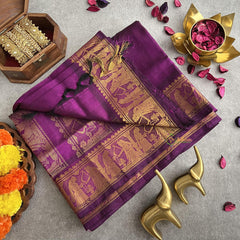 Violet with Sita Swayamvar Border Silk Cotton Saree-Handloom-VS4096