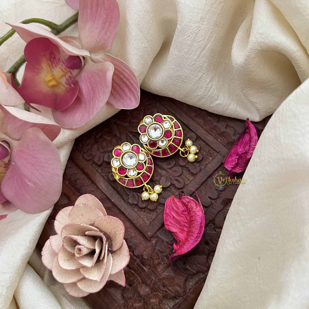 Vriksham Chand Bali Style Kundan Jadau Press Bugadi-Red White-Pearls-J3787