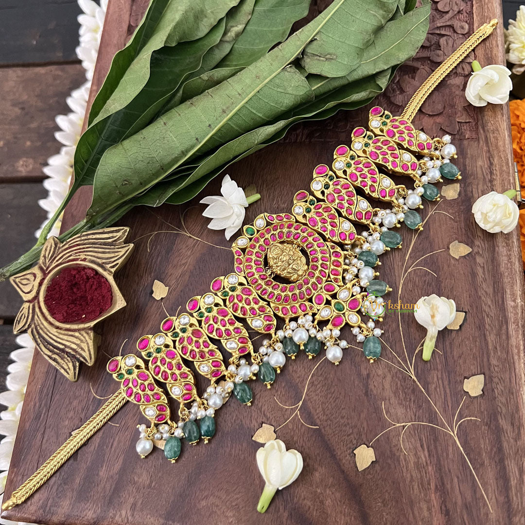 Vriksham Floral Style Peacock Kundan Jadau Short Neckpiece-Aqua Green Bead-J3382
