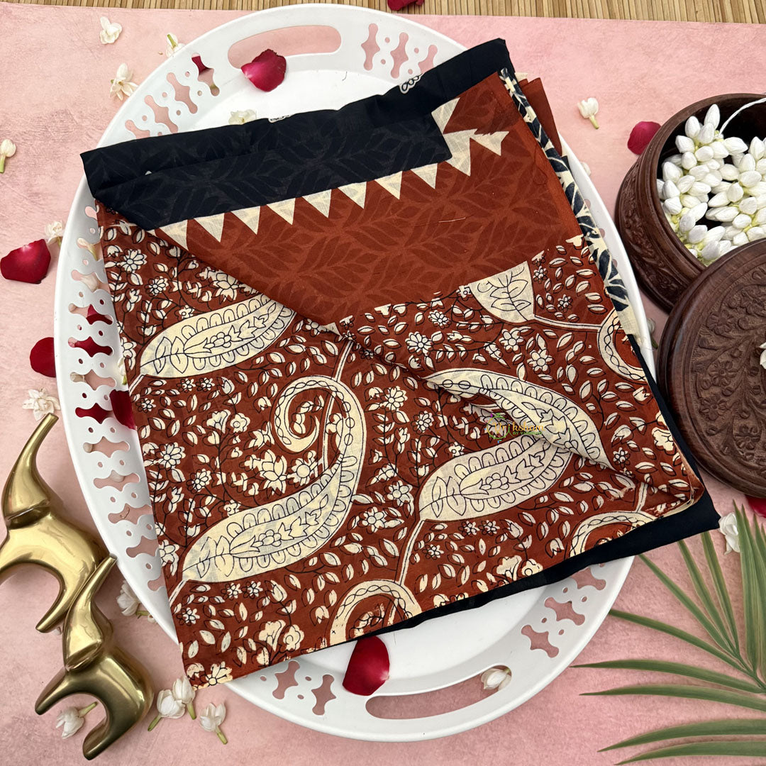 Vriksham Black With Printed & Brown Border Cotton Mulmul Saree-VS4617