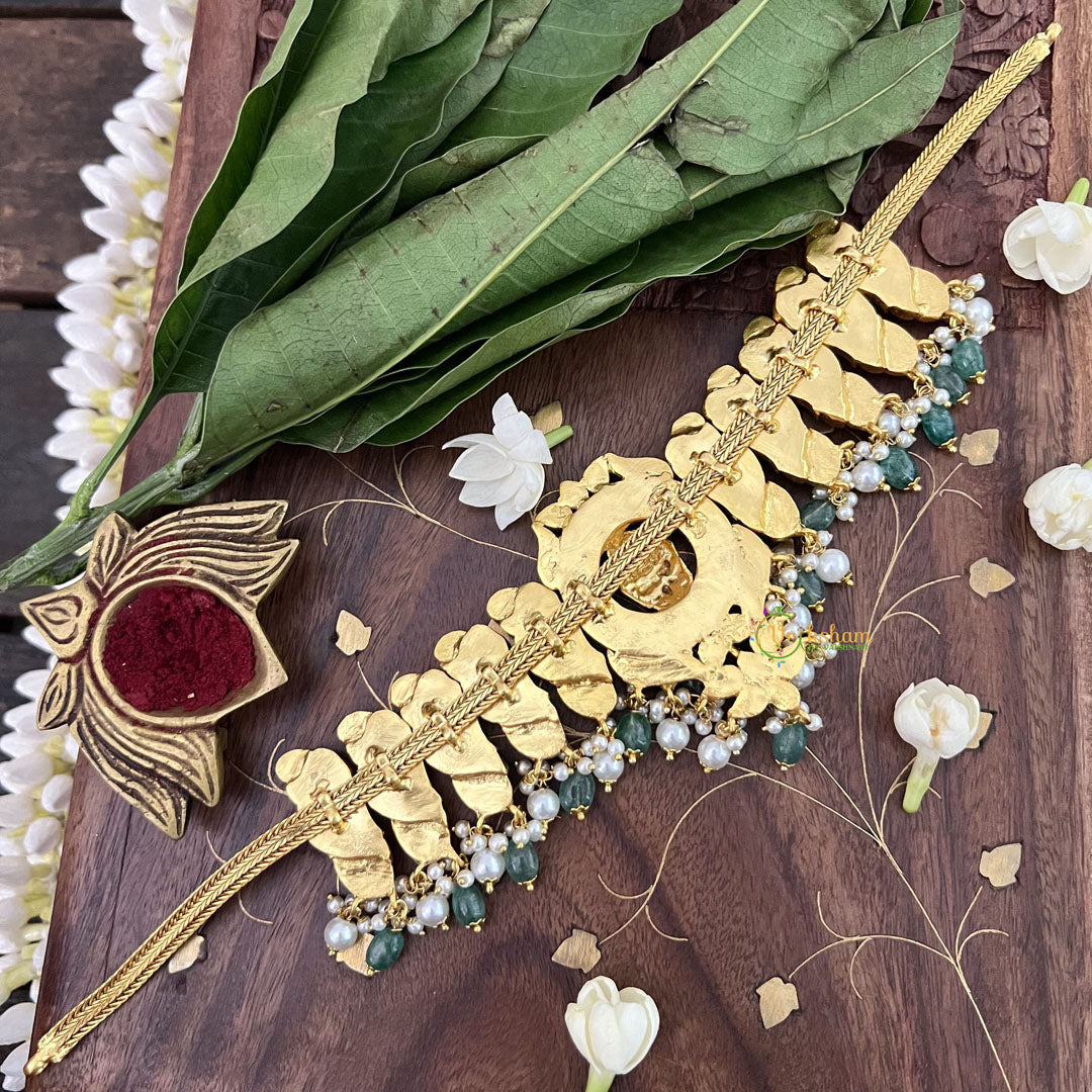 Vriksham Floral Style Peacock Kundan Jadau Short Neckpiece-Aqua Green Bead-J3382