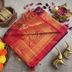 Violet with Red Border Silk Cotton Saree-Handloom-VS4086