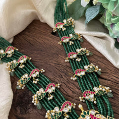 Kundan Jadau Dual Peacock Pendant Chain Multilayer Mala - Green Beads - J2089