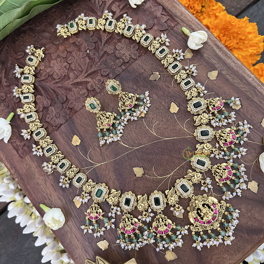 Vriksham Bridal Green Shade Lakshmi Style Kundan Jadau Long Choker-Pearl-J3389