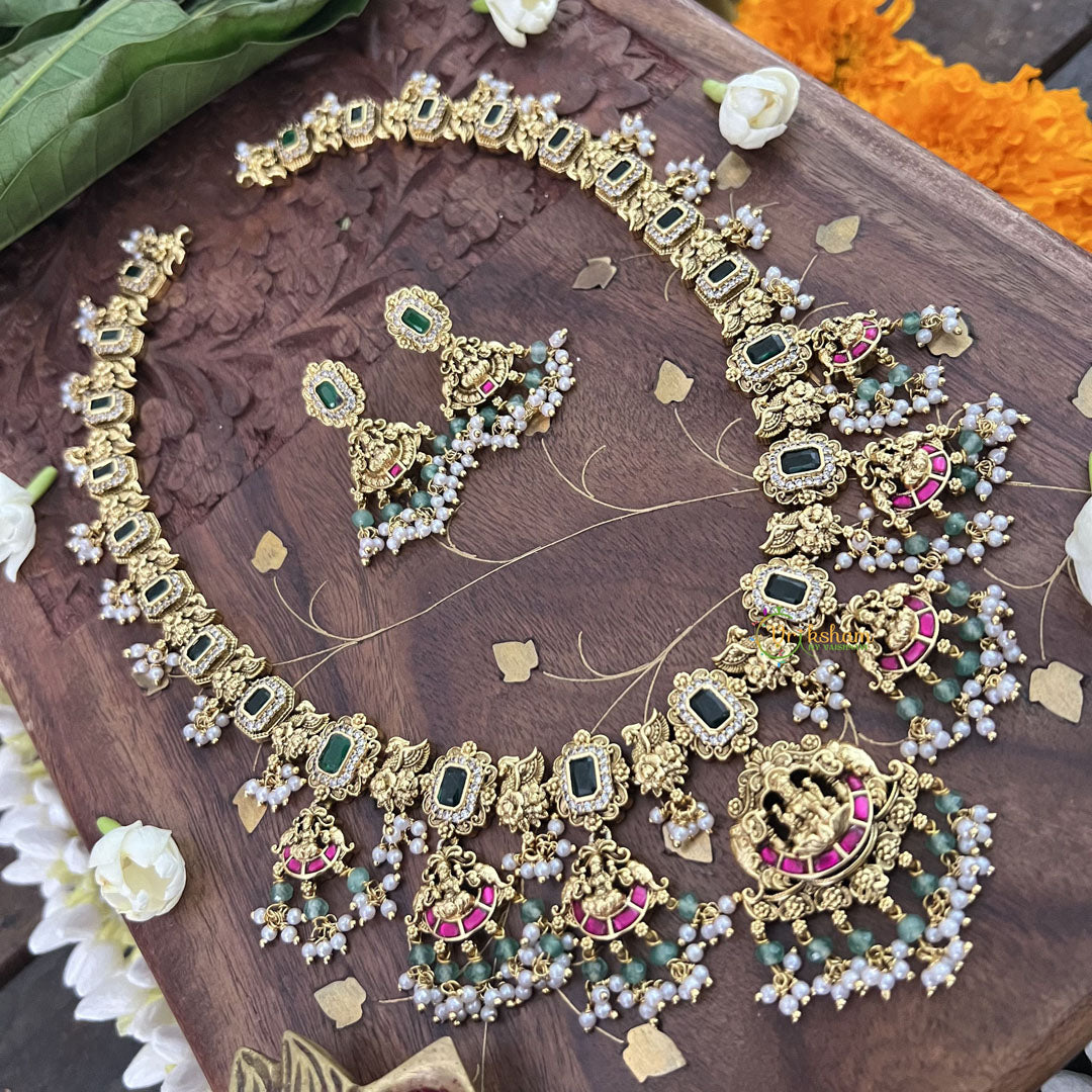 Vriksham Bridal Green Shade Lakshmi Style Kundan Jadau Long Choker-Pearl-J3389