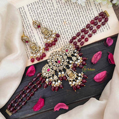Victorian Diamond High Neck Choker-Maroon Bead-Vishnu-VV258