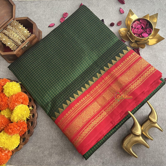 Dark Green with Red Korvai Silk Cotton Saree-Vairaoosi Podi Kattam-Handloom-VS3392