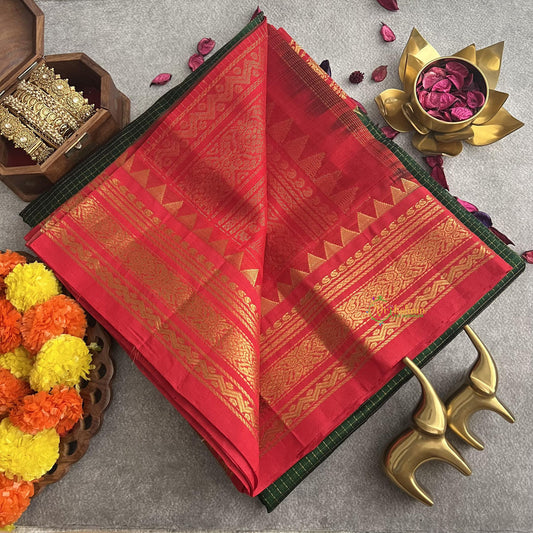 Dark Green with Red Korvai Silk Cotton Saree-Vairaoosi Podi Kattam-Handloom-VS3392