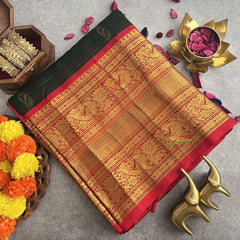 Forest Green with Orangish Red Silk Cotton Saree -VS1588