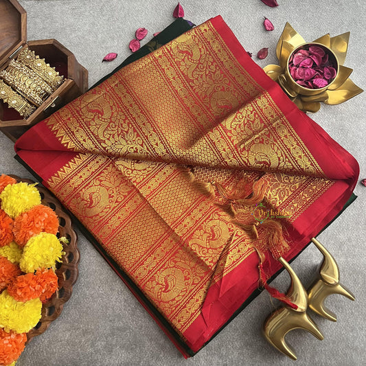 Forest Green with Orangish Red Silk Cotton Saree -VS1588