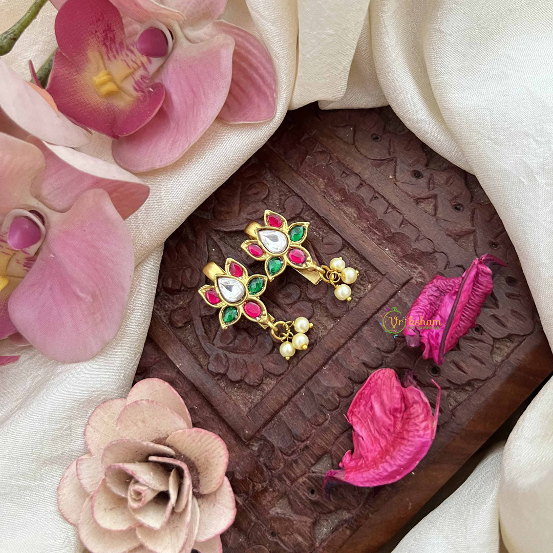 Vriksham Lotus Floral Style Kundan Jadau Press Bugadi-Red Green & White-Pearls-J3796