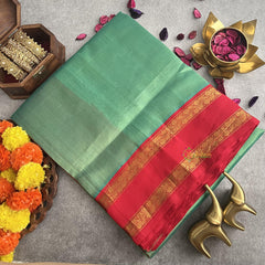 Mint Green with Red Border Silk Cotton Saree -Handloom -VS3200