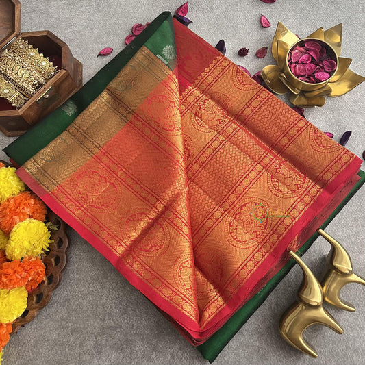 Green with Maroon Korvai Silk Cotton Saree -VS1596