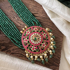 Elegant Kundan Jadau Pendant Multilayer Mala - Green Beads - J2088