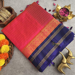 Hot Pink with Ink Blue Border Silk Cotton Saree-Handloom-Vairaoosi Podi Kattam-VS3366