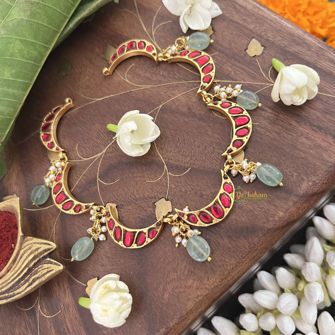 Vriksham Crescent Moon Choker Style Kundan Jadau Neckpiece-Red-Green Bead-J3448